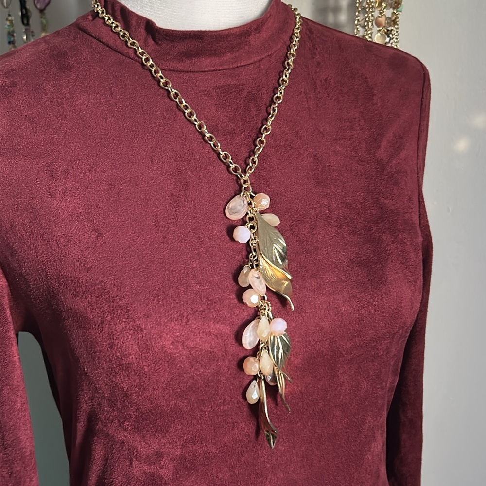 Gold Chain Y Drop Faceted Pink Opal Pearlescent Gold Tone Leaf Bead Necklace